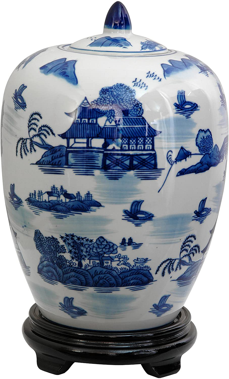 Oriental Furniture 11" Landscape Blue & White Porcelain Vase Jar Home & Garden > Decor > Vases ORIENTAL Furniture Blue & White Landscape  