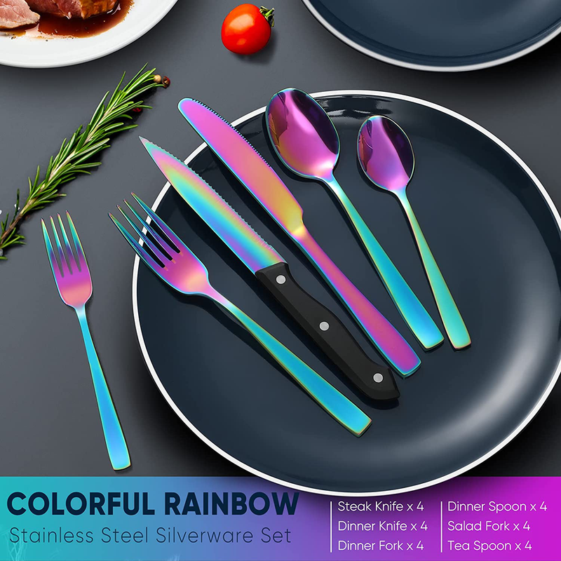 Hiware 24 Pieces Rainbow Silverware Set with Steak Knives for 4, Stainless Steel Flatware Cutlery Set For Home Kitchen Restaurant, Dishwasher Safe Home & Garden > Kitchen & Dining > Tableware > Flatware > Flatware Sets Hiware   