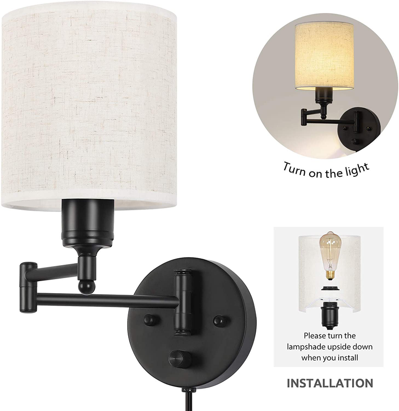 HAITRAL Swing Arm Wall Lamps 2 Pack - Plug in Wall Lamps with Linen Shade& Black Metal, Plug In& Hardwire Modern Wall Lamps for Bedside, Farmhouse, Kitchen, Bedroom(Bulb Is Not Included) Home & Garden > Lighting > Lighting Fixtures > Wall Light Fixtures KOL DEALS   