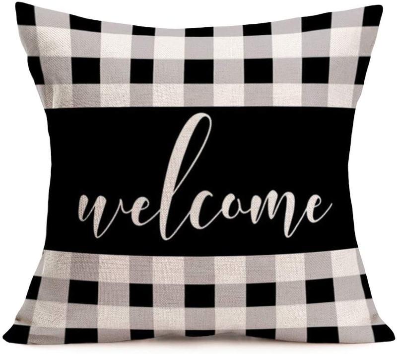 Tlovudori Pillow Cover Rustic Farmhouse Black White Grey Buffalo Check Plaid Welcome White Quote Pillow Cushion Cover Decor Cotton Linen Throw Pillow Cases Decor Sofa Couch Bed 18"X18" (Rf-Welcome) Home & Garden > Decor > Chair & Sofa Cushions Tlovudori Rf-welcome  