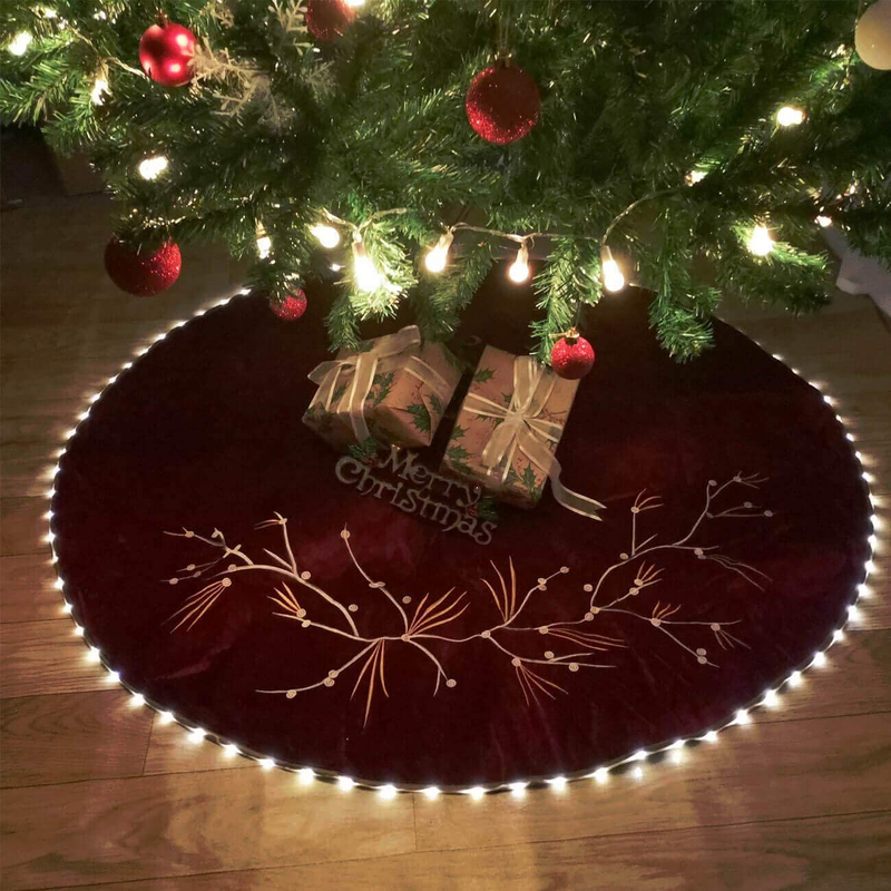 Halo Christmas Tree Skirt 50" with Programmable LED Lights - Wine Red Velvet Quilted Holly Flowers Embroidery