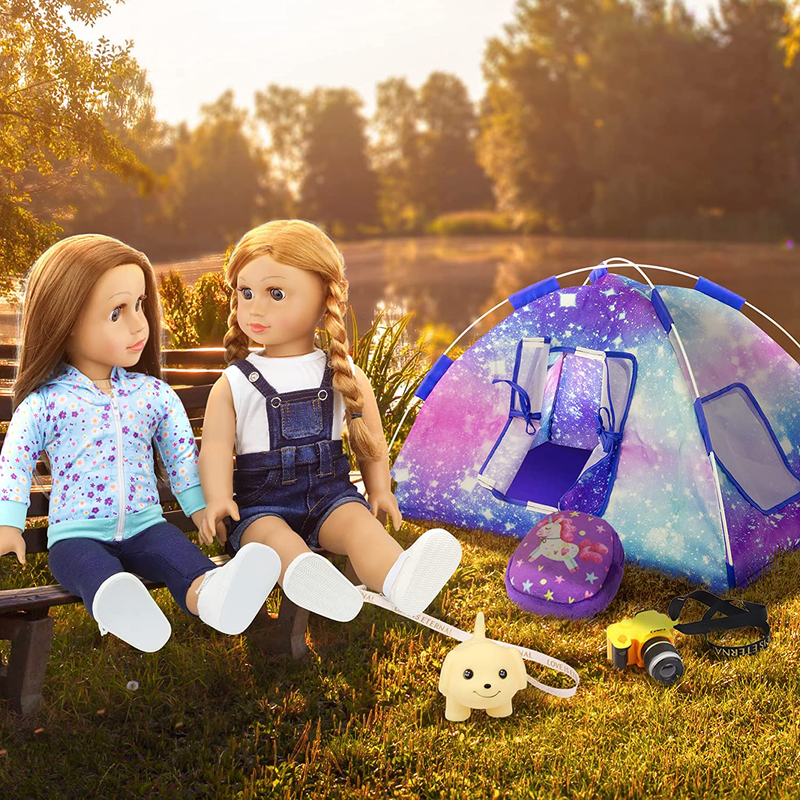 Ecore Fun 5 Items American 18 Inch Dolls Camping Tent Set and Accessories Including 18 Inch Girl Doll Tent, Doll Sleeping Bag, Doll Backpack, Toy Camera and Dog Sporting Goods > Outdoor Recreation > Camping & Hiking > Tent Accessories Ecore Fun   