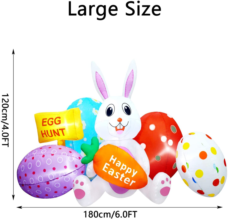 Mukum 6FT Long Easter Inflatable Outdoor Decorations Easter Inflatable Bunny Eggs Carrot Inflatable Gift Box LED Light up Easter Decorations with Build-In LED Blow up for Indoor Outdoor