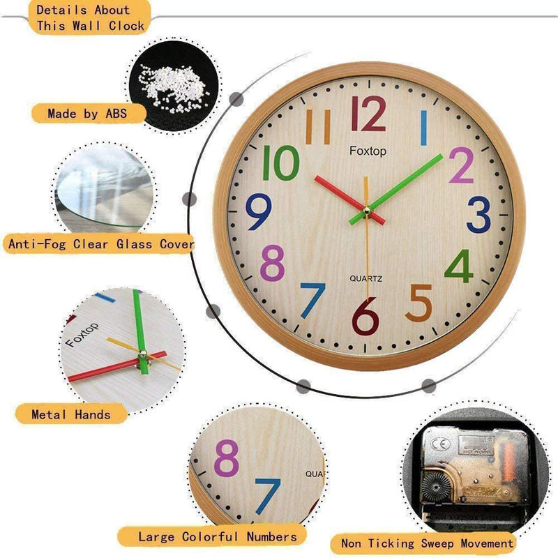 Foxtop Silent Kids Wall Clock 12 Inch Non-Ticking Battery Operated Colorful Decorative Clock for Children Nursery Room Bedroom School Classroom - Easy to Read (Colorful Numbers, 12 inch) Home & Garden > Decor > Clocks > Wall Clocks Foxtop   