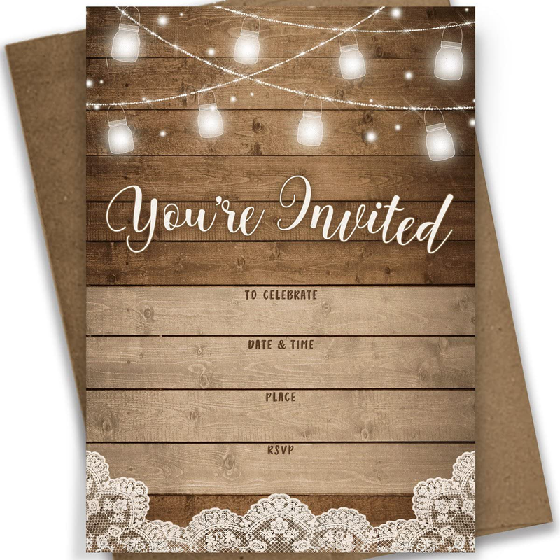 Rustic Fill-in Party Invitations, 25 Invites and Envelopes, Bridal Shower, Baby Shower, Rehearsal Dinner, Birthday Party, and Anniversary Parties