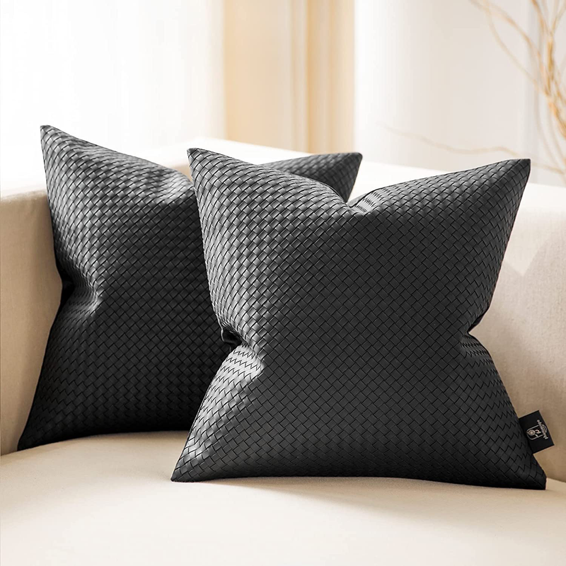 Phantoscope Pack of 2 Faux Leather Pillow Covers - Woven Leather Throw Pillow Covers - Modern Farmhouse Decorative Pillow Cases Cushion Covers, Black 20X20 Inches Home & Garden > Decor > Chair & Sofa Cushions Phantoscope Black 18 x 18-Inch 