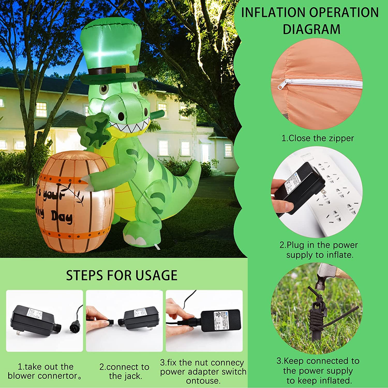Kyerivs 5.25 Ft St Patricks Day Inflatables Outdoor Decorations Sanit Patricks Blow up Yard Decoration Cute Dinosaur Holding a Drum with Led Lights Dinosaur Inflatable Gift for Kids Lawn Party Decor Arts & Entertainment > Party & Celebration > Party Supplies Kyerivs   