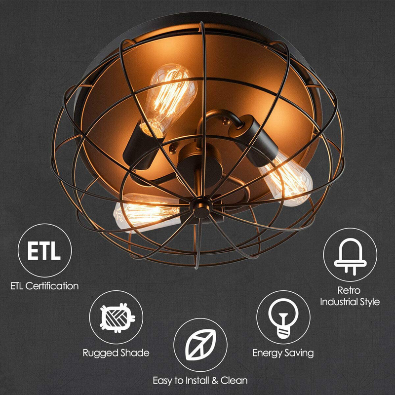 Tangkula Semi Flush Mount Ceiling Light, 3-Light Industrial Style Rustic Ceiling Light Fixture with Iron Metal Cage Lampshade, Vintage Ceiling Lighting Lamp for Home Kitchen Entryway Dining Room Home & Garden > Lighting > Lighting Fixtures > Ceiling Light Fixtures KOL DEALS   