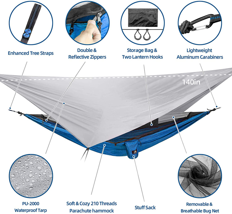 Single Double Person Camping Hammock Tent with Mosquito Bug Net and Rain Fly Tarp - Portable Lightweight Parachute Nylon Backpacking Hammocks Set with Tree Straps, Outdoor Survival Hiking Travel, Blue