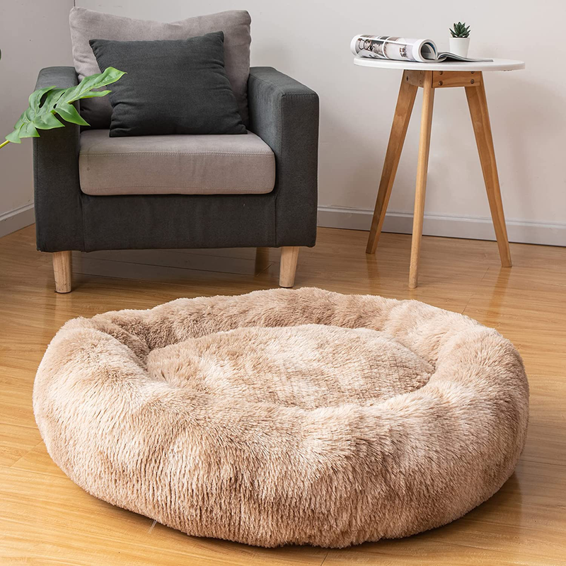 Coohom Oval Calming Donut Cuddler Dog Bed,Shag Faux Fur Cat Bed Washable round Pillow Pet Bed(30"/36") for Small Medium Dogs Animals & Pet Supplies > Pet Supplies > Dog Supplies > Dog Beds Coohom Beige2021 L(30"x24"x7") 