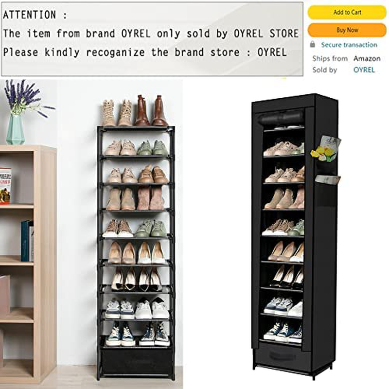 Shoes Rack,10 Tier Tall Shoe Rack - Narrow Shoe Rack with Storage Box,Fabric Covered Shoe Rack,Metal Shoe Rack Organizer,Shoe Racks for Closets,Stackable Shoe Rack,Shoe Stand,Shoe Shelf Storage(Black) Furniture > Cabinets & Storage > Armoires & Wardrobes OYREL   