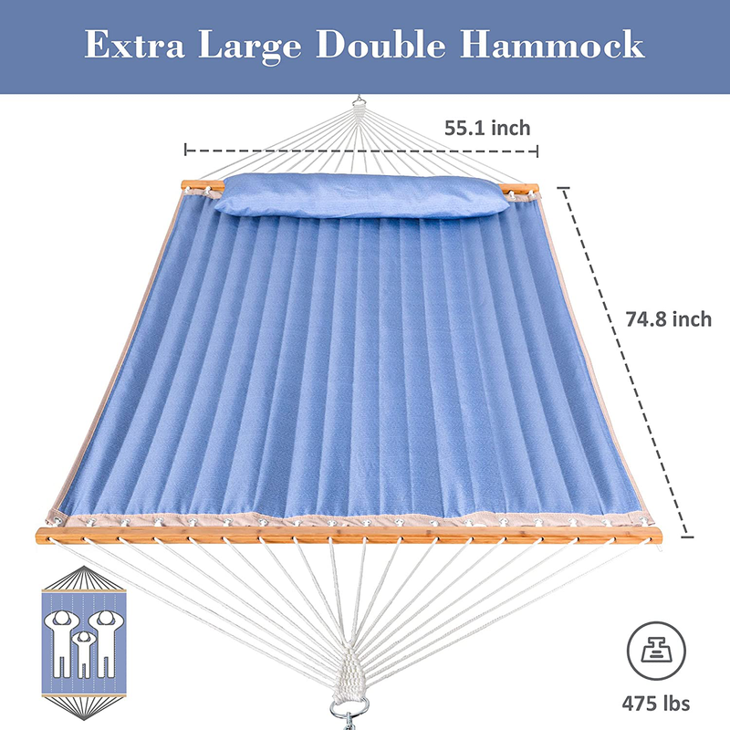SUNCREAT Hammocks Double Quilted Hammock, Outdoor Portable Hammock with Bamboo Spreader Bar, Soft Pillow, Blue Home & Garden > Lawn & Garden > Outdoor Living > Hammocks SUNCREAT   