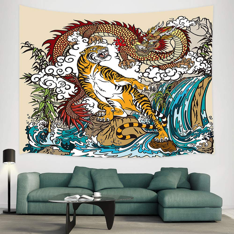 JAWO Asian Tapestry, Chinese Dragon and Tiger in The Landscape with Waterfall Wall Tapestry, Wall Art Hanging for Bedroom Living Room Dorm 71X60Inches
