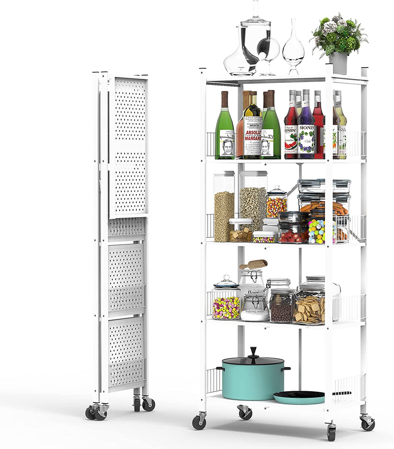 Foldable Storage Shelves Unit, 5-Tier Folding Shelf Shelving Rack Organizer Cart with Rolling Wheels for Temporary or Mobile Storage in Kitchen Warehouse Closet Patio Pantry Basement ( White, 5-Tier)