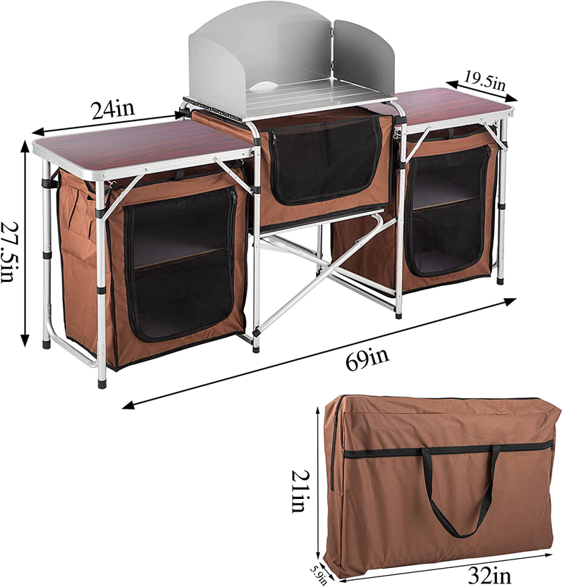 GOLENER Camp Kitchen Table with 3 Storage Organizer and Aluminum Windscreen,Camping Storage for Cooking,Protable Kitchen for Outdoor Activities like Bbq,Picnic,Party(Brown) Sporting Goods > Outdoor Recreation > Camping & Hiking > Camp Furniture Golener   