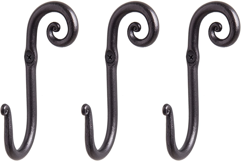 Decorative Stylish Wall Mounted Hooks, 3 Handmade Wrought Iron Right Swirl Hangers for Coat, Hat, Jacket, Robe, Bath Towel | Mug Hooks | Black Scroll Hangers | Handcrafted by RTZEN-Décor