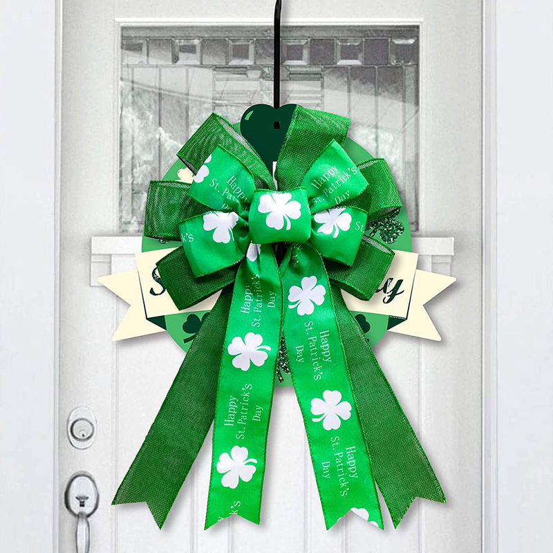 St Patricks Day Wreath Bow Shamrock Decoration - Large Green Glitter Clovers Shamrock Bows Irish Ornaments Hanging Wreath Bow Front Door Home Wall Window Outdoor Porch Decor (St Patrick Day)