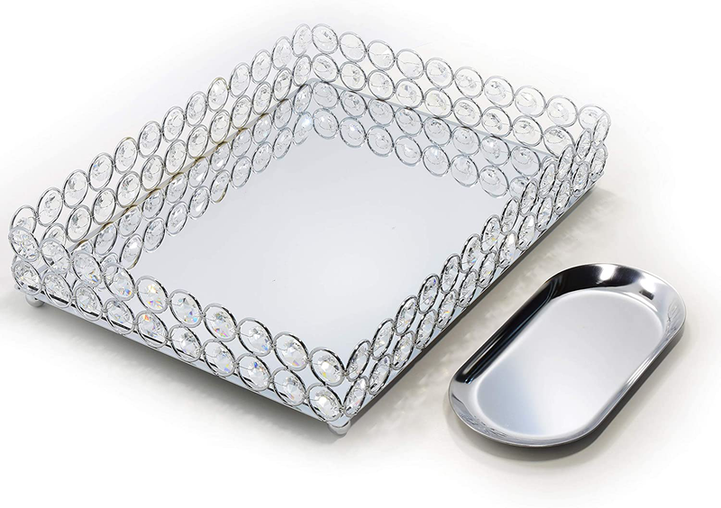 LINDLEMANN Mirrored Crystal Vanity Tray - Ornate Decorative Tray for Perfume, Jewelry and Makeup (Round, 10 inches, Silver) Home & Garden > Decor > Decorative Trays LINDLEMANN Silver Rectangle 12" x 9" 