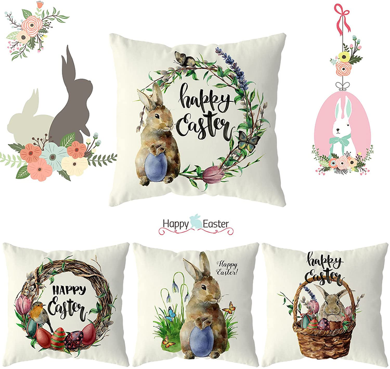 Easter Decorations Bunny Pillow Covers 18X18 Inch,Rabbit Basket Egg Garland Farmhouse Decoration Throw Pillows Cover Spring Decorative Cushion Case Clearance Set of 4 for Sofa Home Decor