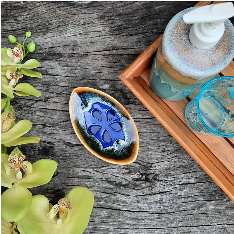 MAKOLO Ceramic Soap Dish with Self Draining Tray Bar Soap Sponge Holder Storage Container Saver Portable Porcelain Double Layer Hole for Bathroom, Kitchen, Counter, Bathtub Shower Decor (Blue No.2) Sporting Goods > Outdoor Recreation > Camping & Hiking > Portable Toilets & Showers LungMongKol Shop   