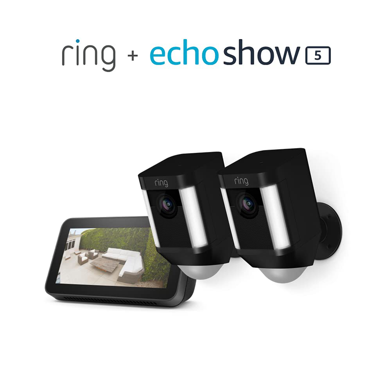 Ring Spotlight Cam Battery HD Security Camera with Built Two-Way Talk and a Siren Alarm, White, Works with Alexa Cameras & Optics > Cameras > Surveillance Cameras Ring Black Prime - $10 Echo Show 5 (New) 2 Cams