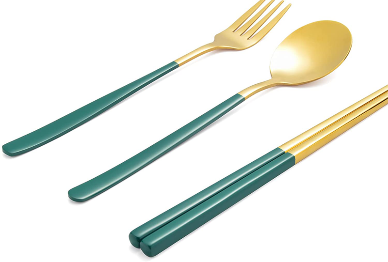 Portable Silverware Set Single Flatware with Case Reuseable Cutlery Spoon,Fork,Chopstick Stainless Steel To Go Utensils for Lunch,Travel,Camp (Green Gold)