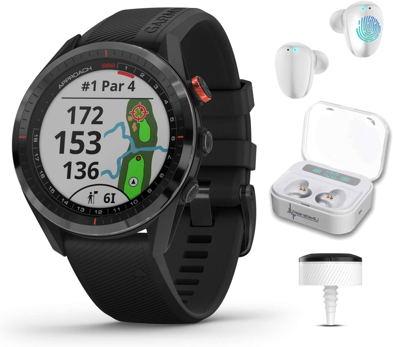 Garmin Approach S62 Premium GPS White Golf Watch with Wearable4U White Earbuds with Charging Power Bank Case Bundle Sporting Goods > Outdoor Recreation > Winter Sports & Activities Wearable4U Black Watch + 3 x CT10 + White EarBuds  