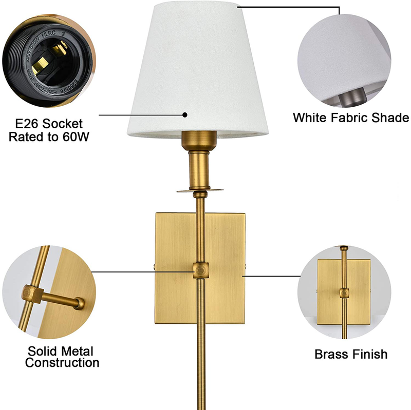 Pauwer Slim Wall Sconces Set of 2 White Fabric Shade Wall Sconce Hardwired Indoor Wall Light Column Stand Bedroom Wall Lamp Bathroom Vanity Light Fixture, Antique Brass Home & Garden > Lighting > Lighting Fixtures > Wall Light Fixtures KOL DEALS   