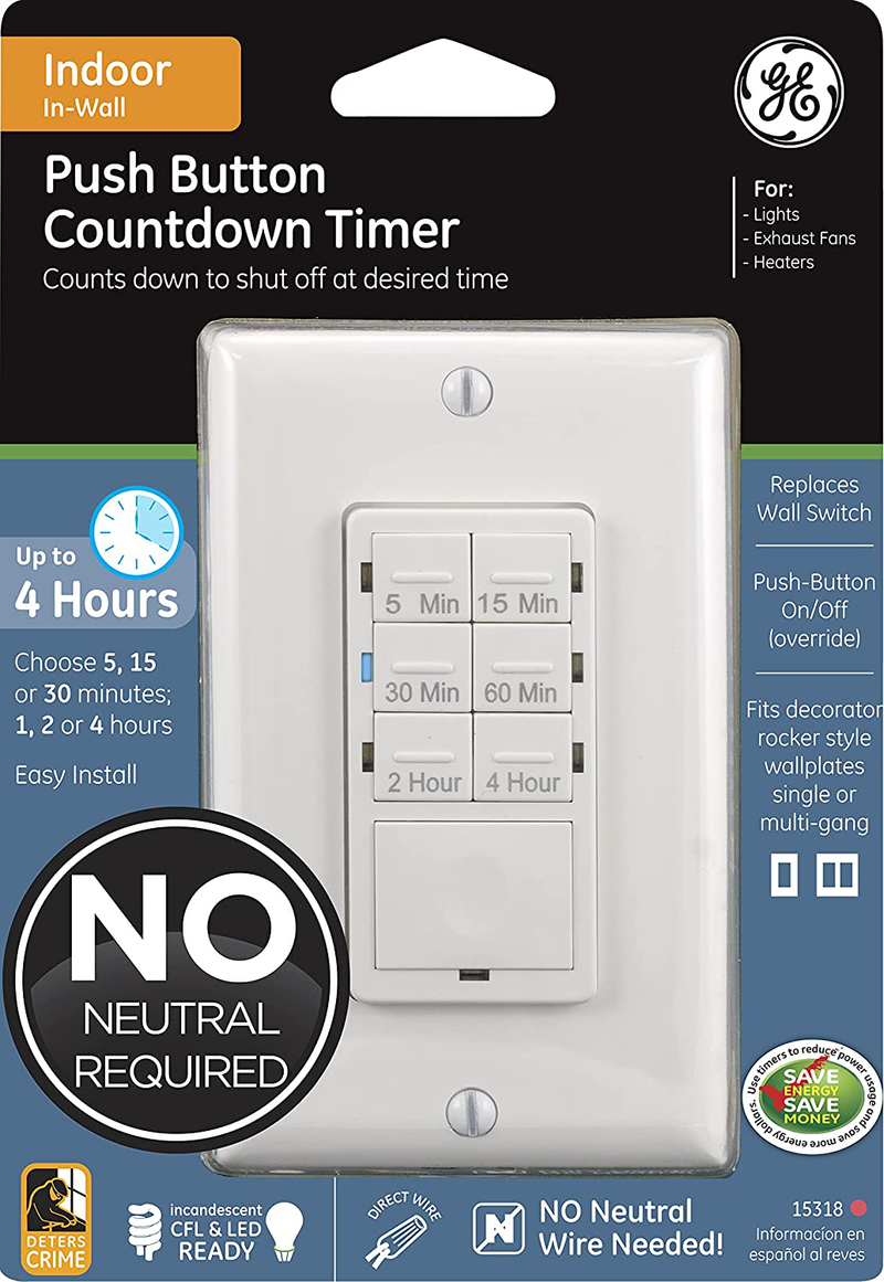 GE Push-Button Countdown Timer Switch, 5-15-30 Minute/1-2-4 Hour, ON/Off, No Neutral Wire Needed, Ideal for Lights, Exhaust Fans, Heaters, Wall Plate Included, 15318 , White