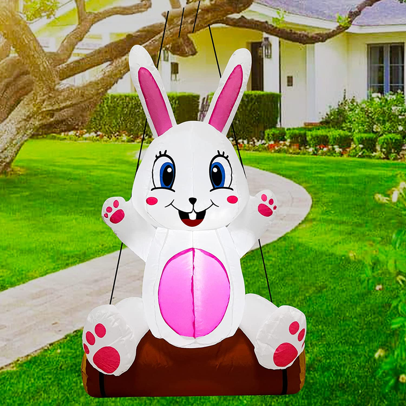 LAUJOY 4 FT Happy Easter Inflatable Decoration Swing Bunny, Lighted Inflatable with Build-In LED Blow up for Easter Day Party Indoor, Outdoor, Yard, Garden, Lawn Decor