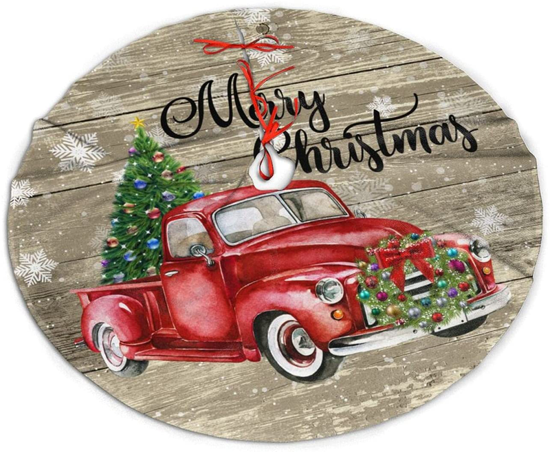 Merry Christmas Tan Christmas Tree Skirt , Red Truck Christmas Tree White Snowflakes Pattern Large Tree Skirt Mat for Xmas Holiday Party Ornament Rustic Farmhouse Decorations（48 Inch ）