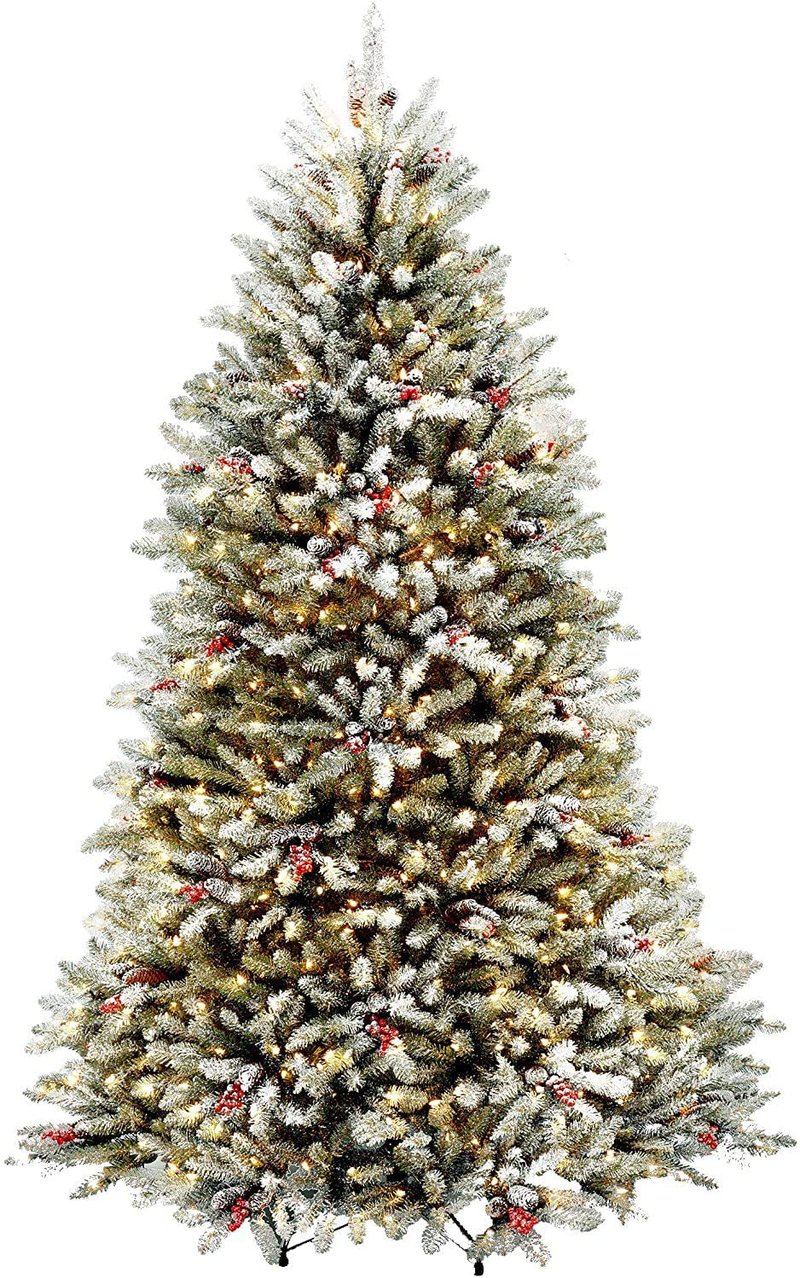 National Tree Company Pre-lit Artificial Christmas Tree | Includes Pre-strung White Lights and Stand | Flocked with Pine Cones, Red Berries and Snow | Dunhill Frosted Fir - 7 ft Home & Garden > Decor > Seasonal & Holiday Decorations > Christmas Tree Stands National Tree 7.5 ft  