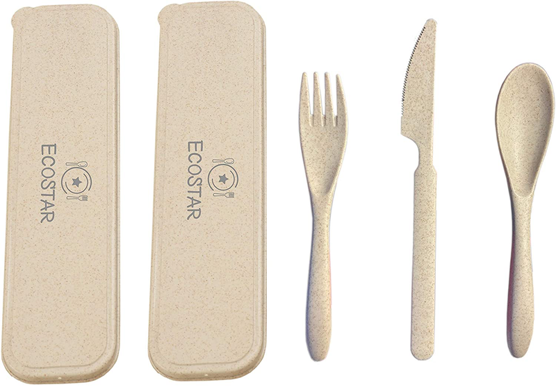 ECOSTAR Portable Wheat Straw Cutlery Set, 3-Piece Reusable Eco-Friendly BPA Free Utensils including Biodegradable Knife Spoon Fork and Travel Case - Great for Kids and Adults (Blue, 1)
