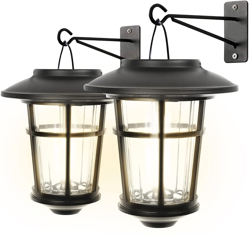 Landia Home Solar Wall Lanterns - Stainless Steel with Decorative Glass Solar Wall Lights for Outdoor, Black (2-Pack)