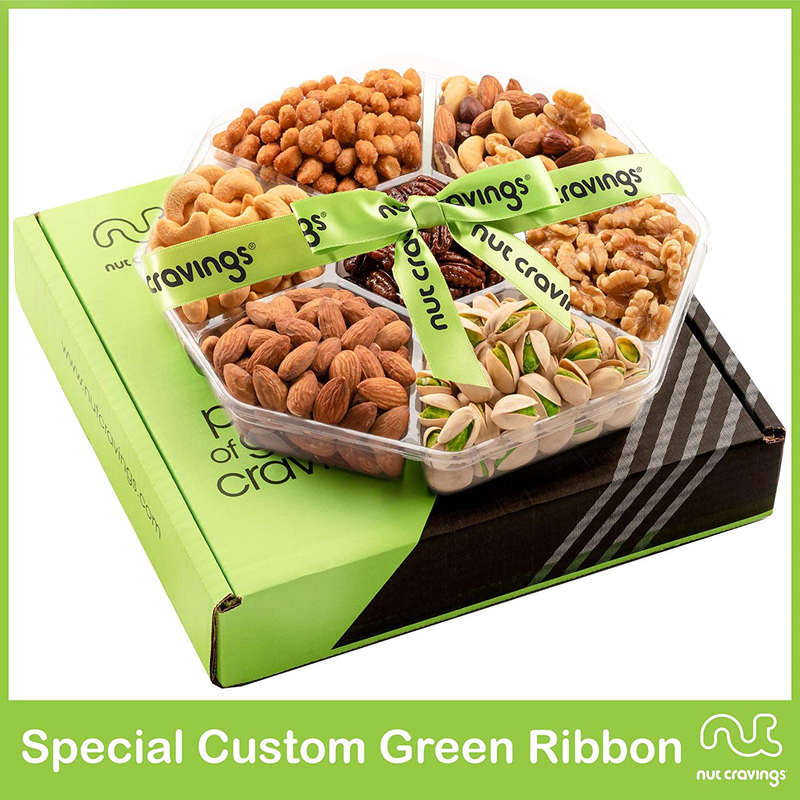 Nuts Gift Basket + Green Ribbon (7 Piece Set, 1.8 LB) Valetines Day 2022 Idea Food Arrangement Platter, Birthday Care Package Variety, Healthy Tray, Kosher Snack Box for Adults Women Men Prime Home & Garden > Decor > Seasonal & Holiday Decorations Nut Cravings   