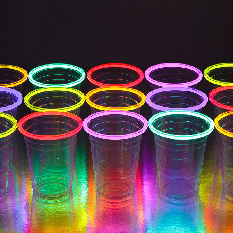 GLOWING PARTY CUPS 16 oz Plastic Clear Disposable Glow Stick Cup Neon Colors Kids Birthday Multi Color Sticks Light Up Glows In The Dark Night Event Favor Decorations Drink Supplies Arts & Entertainment > Party & Celebration > Party Supplies Glo Pro Default Title  