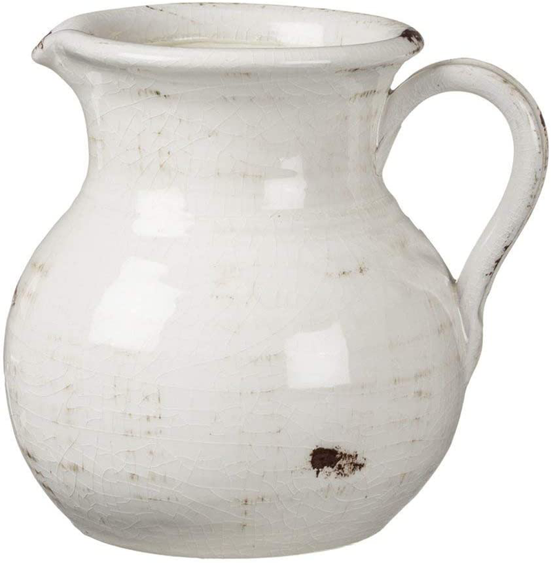 Sullivans Modern Farmhouse Decorative Ceramic Pitcher, 9 x 7 x 8 inches, Distressed Farmhouse Décor, Off-White Crackled Finish, Faux Floral Vase, Mantel, Dining Table and Living Room Décor (CM2515) Home & Garden > Decor > Vases Sullivans Distressed White 8 x 9" 