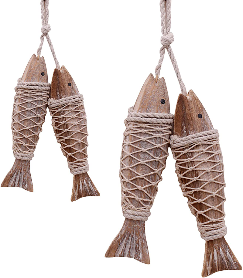 Hanging Wood Fish Rustic Wooden Hanging Fish Decorated Retro Wall Decorations Indoor Outdoor Wood Fish Decor Nautical Wood Fish Hanging Fish Decorations Nautical Outdoor Wall Decor Fish Wall Art Decor Set of 4