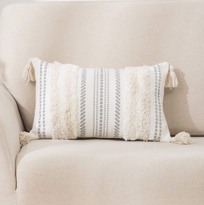 Decoruhome Boho Lumbar Decorative Throw Pillow Covers for Bed Bedroom Neutral Accent Cushion Cover Grey Tufted Woven Pillow Case, 12X20, Beige and White Home & Garden > Decor > Chair & Sofa Cushions decorUhome   