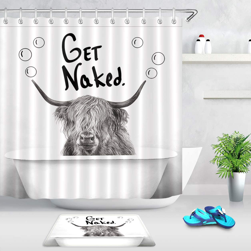 LB Funny Get Naked Shower Curtain Farmhouse Animal Highland Cow in Bathtub Bubble Cattle Shower Curtains Set Hooks Gray White Backdrop for Bathroom Decor,70x70Inch Waterproof Fabric Home & Garden > Decor > Seasonal & Holiday Decorations LB 70"x70"&15"x 23"  