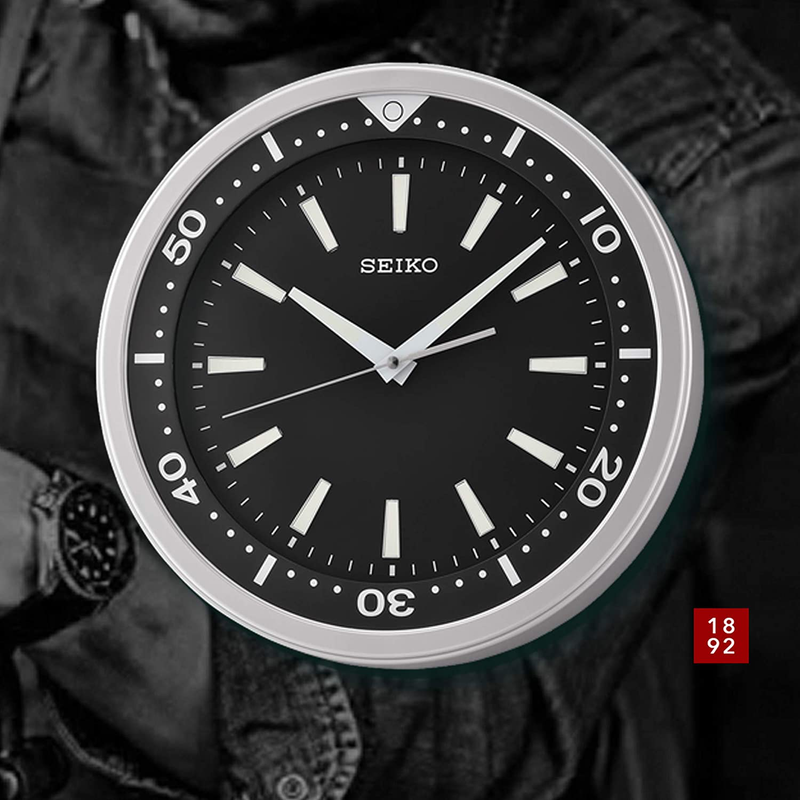 SEIKO 14" Ultra-Modern Watch Face Black & Silver Tone with Quiet Sweep Wall Clock