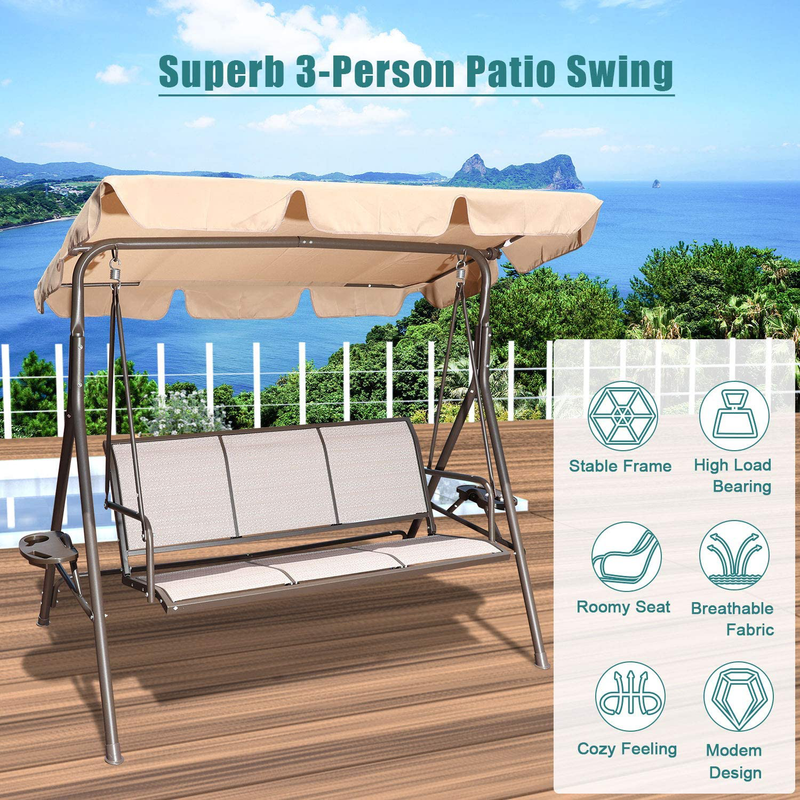 GOLDSUN 3 Person Patio Swing Seat with Adjustable Canopy, All Weather Resistant Hammock Swinging Chair Bench for Patio, Garden, Poolside, Balcony (Taupe) Home & Garden > Lawn & Garden > Outdoor Living > Porch Swings GOLDSUN   