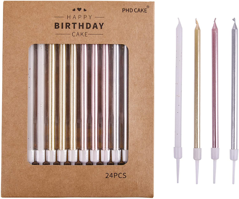 PHD CAKE 24-Count Long Birthday Candles in Holders in Gold Silver Rose Gold White Home & Garden > Decor > Home Fragrances > Candles PHD CAKE Default Title  