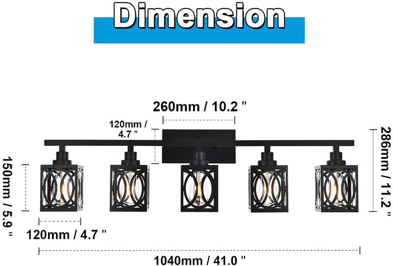 Lauxal 5 Light Wall Vanity Light Fixture Industrial Bathroom Farmhouse Wall Sconce Lighting with Metal Cage Vintage Matte Black Bath Wall Mounted Light Hallway Wall Lamp for Kitchen Living Room Mirror