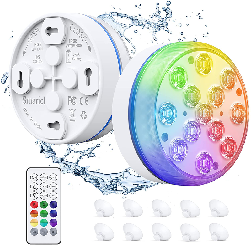 SPOMR Submersible LED Lights Waterproof IP68, Underwater Pool Lights with RF Remote 13 Bright Beads 16 RGB Color, with Magnets/Suction Cups Battery Operated Shower Light for Pool/Pond/Aquariums Decor