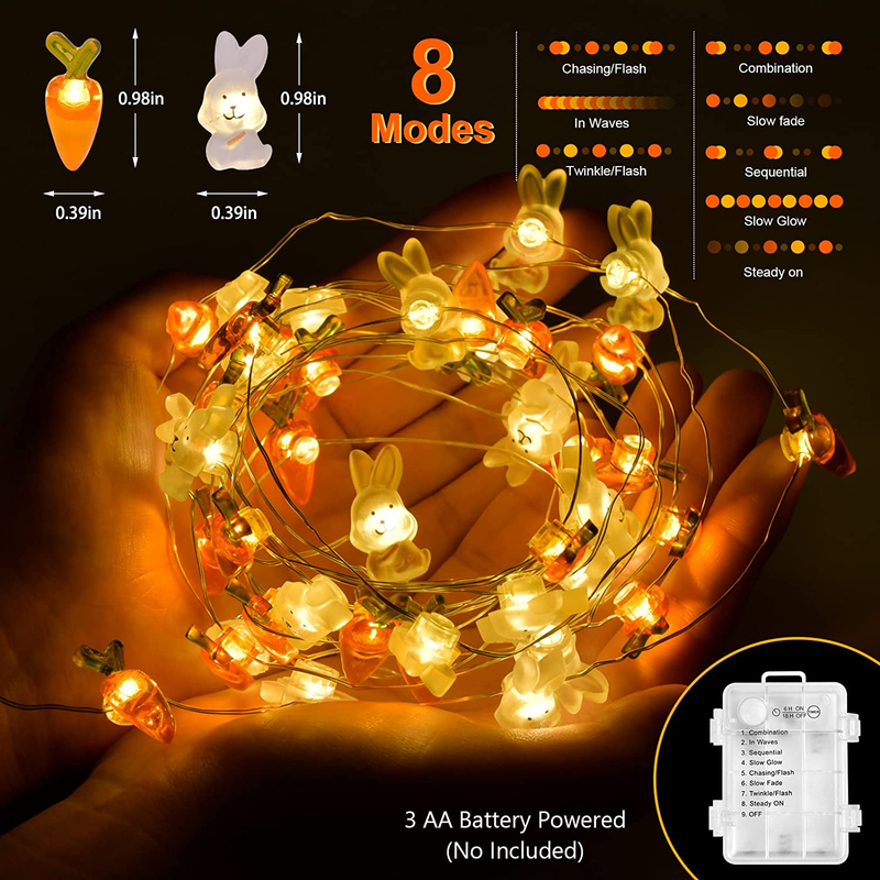 Easter Decorations 13FT 50Leds Bunny Carrot String Lights Battery Operated, Easter Decor Spring Rabbit Fairy Lights with 8 Modes for Home Indoor Outdoor Easter Basket Eggs Party Seasonal Bedroom Decor Home & Garden > Decor > Seasonal & Holiday Decorations Donse   