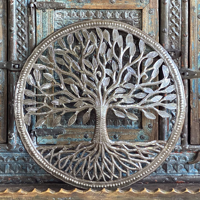 Small Organic Tree of Life Wall Art Framed, 17.25 In., Wall Hanging Metal Art Decor, Handmade in Haiti, Indoor Outdoor, Family Roots Recycled Steel Home & Garden > Decor > Artwork > Sculptures & Statues It's Cactus   