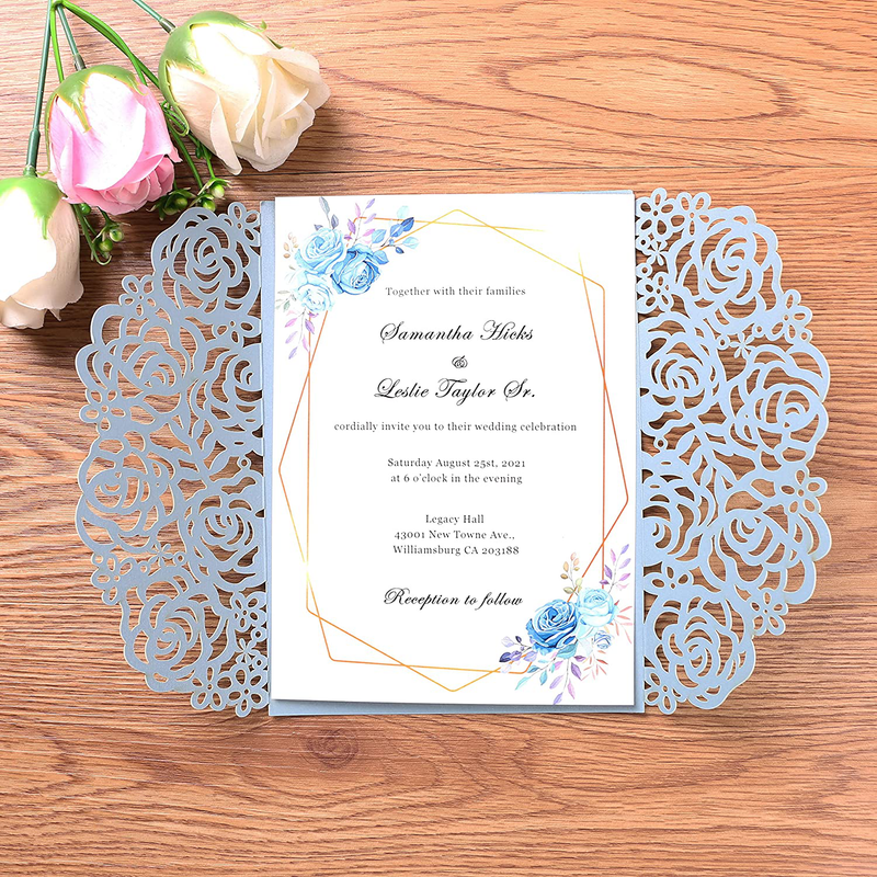PONATIA 25PCS Hollow Rose Laser Cut Wedding Invitations Cards With Envelopes, Printable Dusty Blue Wedding Invitations Cards with White Ribbons For Bridal Shower Engagement Birthday Sweet 16 Invite