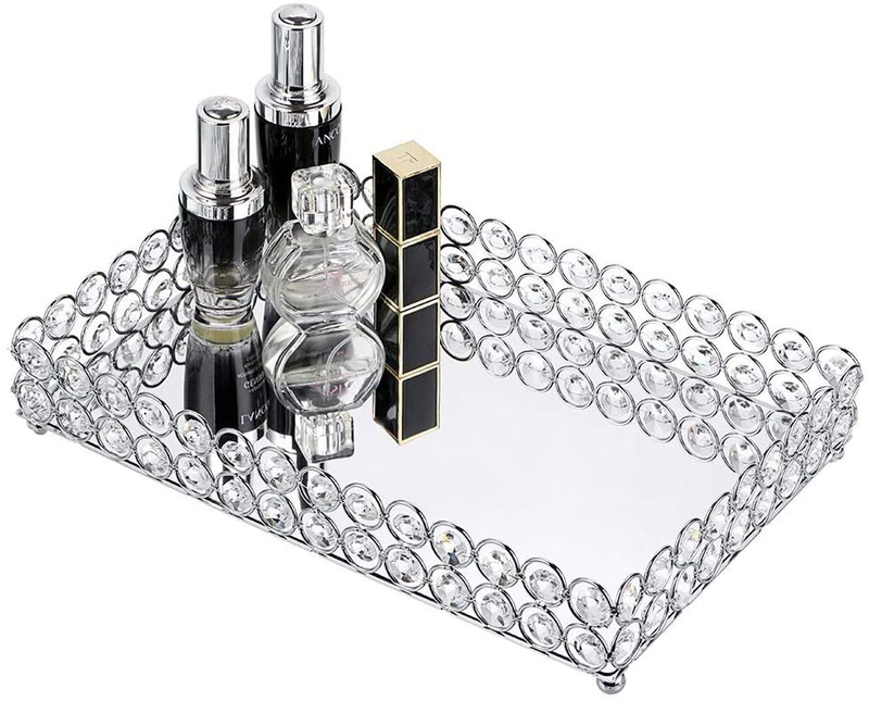 Hipiwe Crystal Cosmetic Makeup Tray - Large Mirrored Vanity Tray Jewelry Trinket Organizer TrayTray Home Decorative Dresser Tray Bathroom Tray, 13.7"x 7.87" Home & Garden > Decor > Decorative Trays Hipiwe Silver Medium 