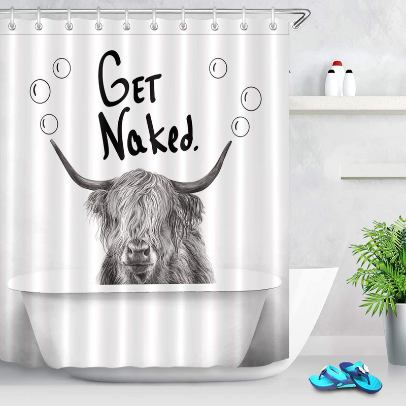 LB Funny Get Naked Shower Curtain Farmhouse Animal Highland Cow in Bathtub Bubble Cattle Shower Curtains Set Hooks Gray White Backdrop for Bathroom Decor,70x70Inch Waterproof Fabric